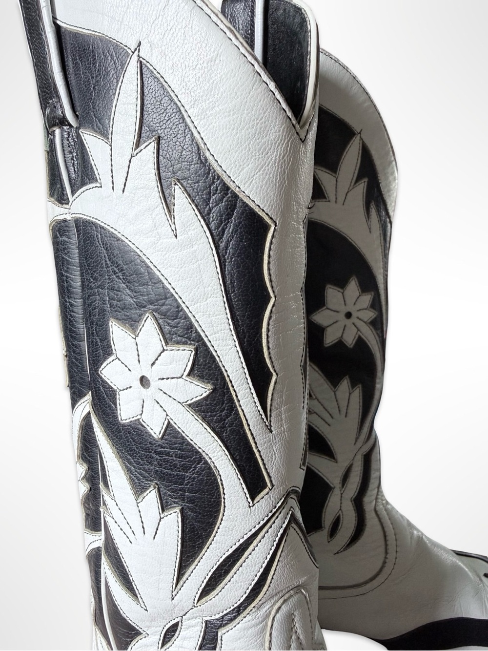 Vintage Custom El Paso Cowboy Boots Black White Floral Inlay Peewee Womens 8.5 - Picture 7 of 10